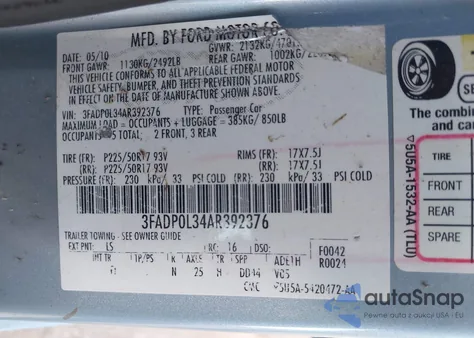 2010 Ford Fusion Hybrid z USA, uszkodzony, nr VIN 3FADP0L34AR392376